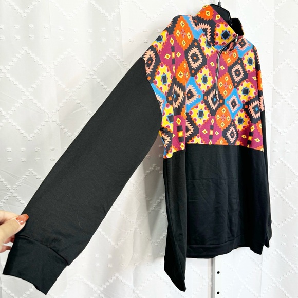 🎲 359. Boho Aztec Print 1/4 Zip Pullover Hoodie Black Multicolor XXL NWOT - Picture 4 of 9